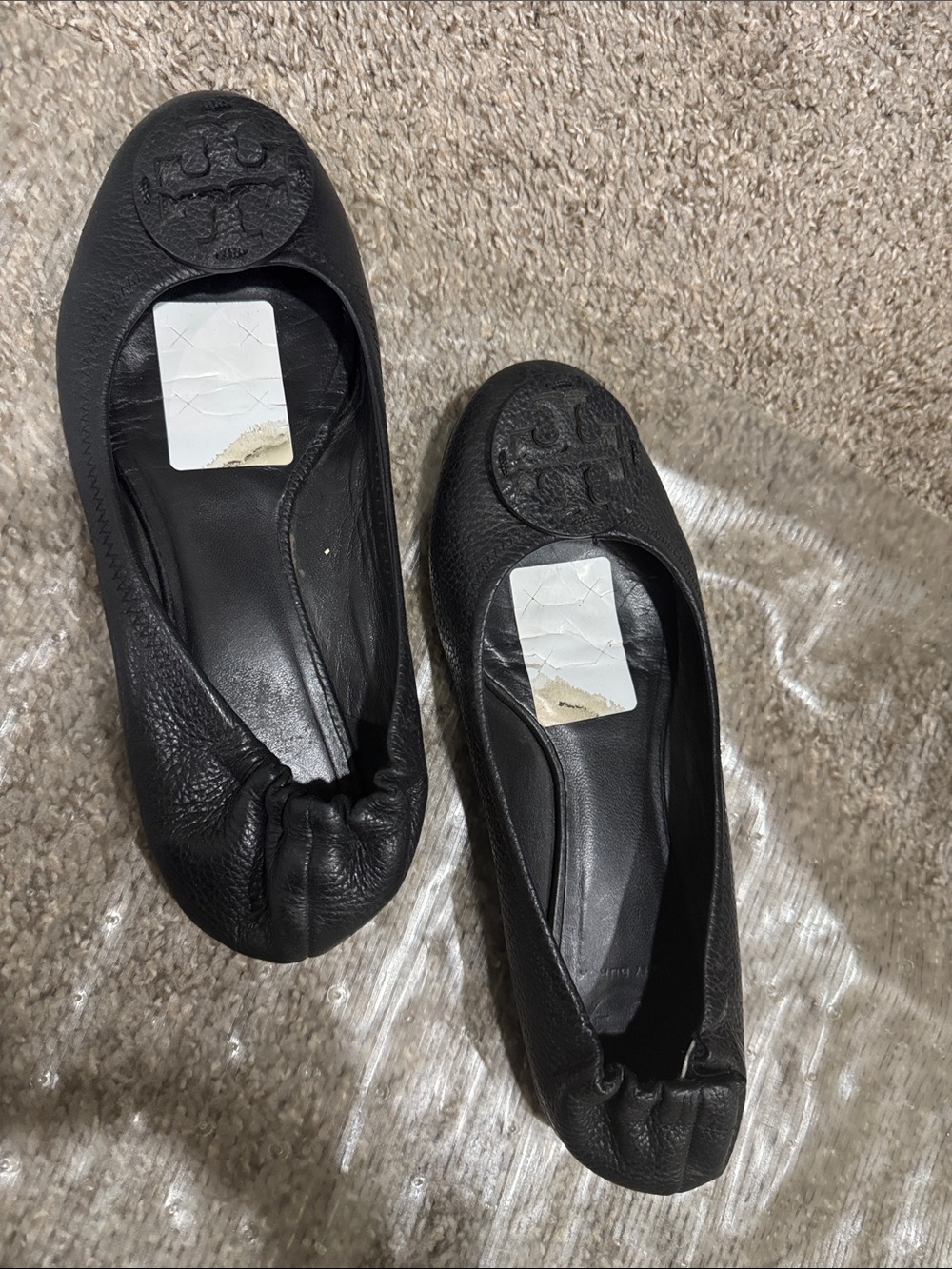 Tory Burch Black Pebbled Leather Logo Ballet Flats